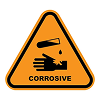 A triangular orange warning sign labeled "CORROSIVE," showing liquid damaging a hand.