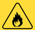A yellow triangular warning sign with a black flame symbol, indicating a flammable hazard.