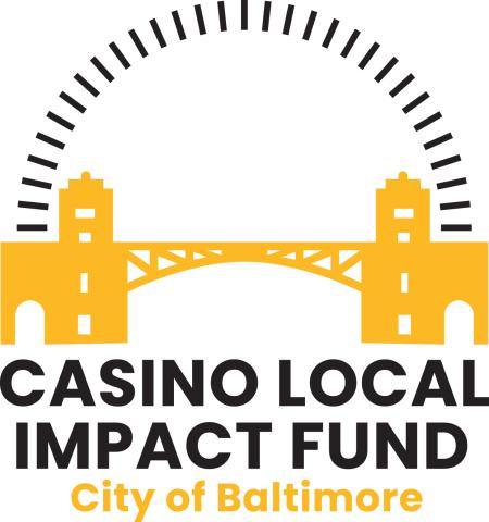 Logo for the Baltimore City Casino Local Impact Fund. Shows a side view of the Hanover Street Vietnam Veteran Memorial Bridge.