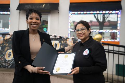 Khadeeka Muhammad of Baltimore Main Streets with Yasmin Akter, co-owner of Sam's Cheesesteak