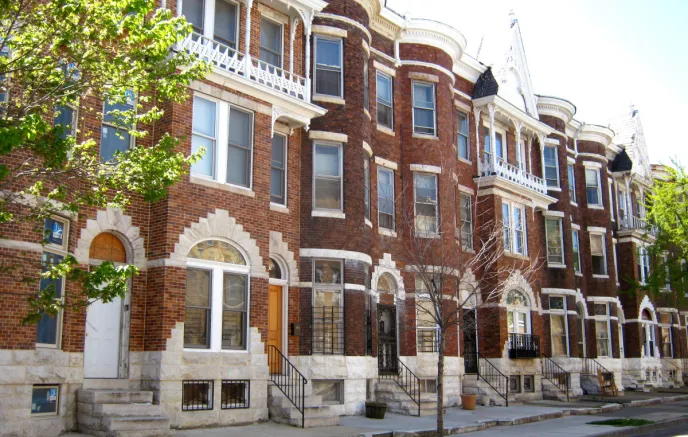 Brown brick row homes