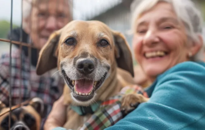 Smiling pet owners and their dog 