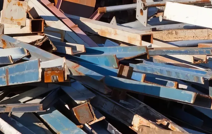 A large pile of scrap metal beams and steel parts, some rusted and others painted blue, stacked haphazardly at a recycling or salvage yard. The metal pieces vary in size and shape, with hollow rectangular and I-beam structures visible. Sunlight reflects off the metallic surfaces, highlighting the worn textures and edges.