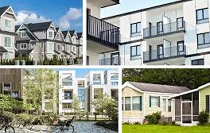 A collage of various residential property types, including townhouses, modern apartment buildings with balconies, a landscaped residential complex with greenery and a pond, and single-story suburban homes with porches. The images showcase different housing styles and urban living environments.