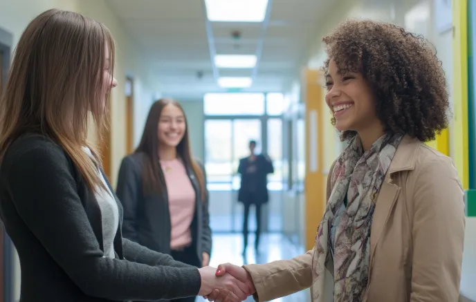two women shaking hands in a hallway