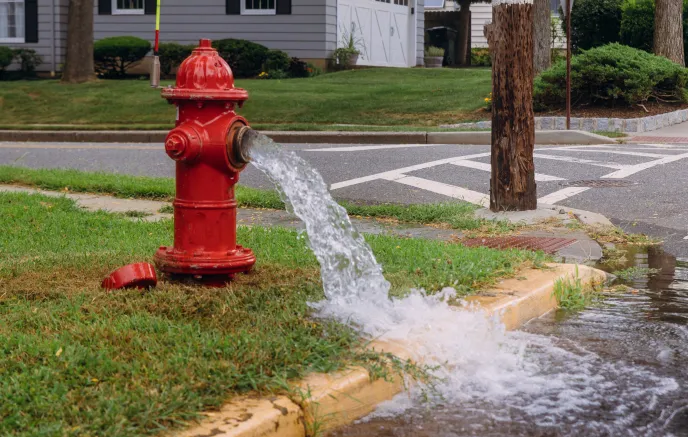 leaking fire hydrant strong water flow in the grass