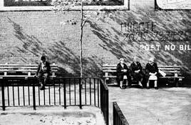 Man on Bench & Three Women in Front of POST NO BILLS by Jack Feder