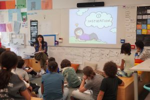 Ruth Chan, 2025 Writer-In-Residence, leading a workshop with fourth grade students at Bank Street