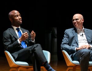 Kamar H. Samuels, Chancellor, New York City Public Schools, and Shael Polakow-Suransky, GSE ’00, President, Bank Street College, at the 2026 Niemeyer Series