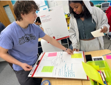 Two students working on a poster board project together in a classroom