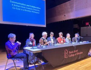 BookFest 2024 panel discussion moderated by Roxie Munro featuring Sophie Blackall, Brian Floca, Doug Salati, Johnny Marciano, Dasha Tolstikova, and Rowboat Watkins