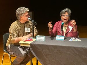 Carlos Hernandez and Sonia Manzano on stage at BookFest @ Bank Street 2025