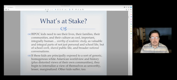 David Bowles presenting "What's at Stake?" slide at virtual Latinx Mini-Conference