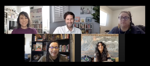 Alexandra Aceves, Matt de la Peña, Isabel Quintero, Donna Barba Higuera, and Yuyi Morales on screen during panel discussion