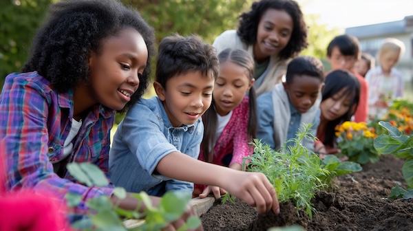 A group of children planting