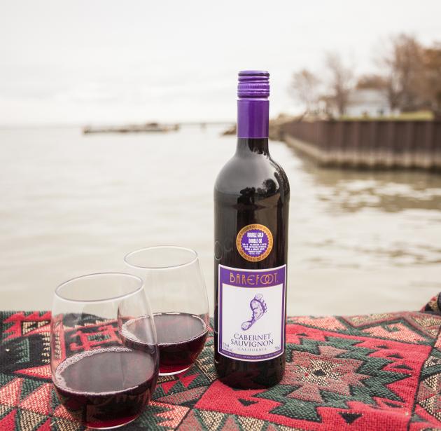 Wine bottle and glasses at the shore