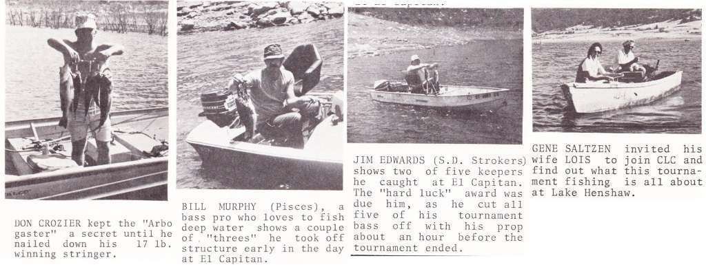 (2) Old Boat Western Tourney Comp 1 Whether they owned the boats or rented them at the lake, these anglers were more interested in catching bass to worry about the boat they fished out of. Note the rig “Lunker” Bill used in the day. Photos courtesy of Dave Coolidge CLC magazine 1974.