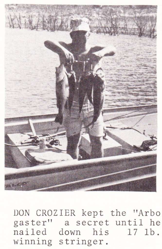 (1) CLC July 1974 Crozier Don Crozier hoists his winning fish from a 14-foot aluminum boat he used in the tournament. Photo courtesy of Dave Coolidge CLC magazine 1974.