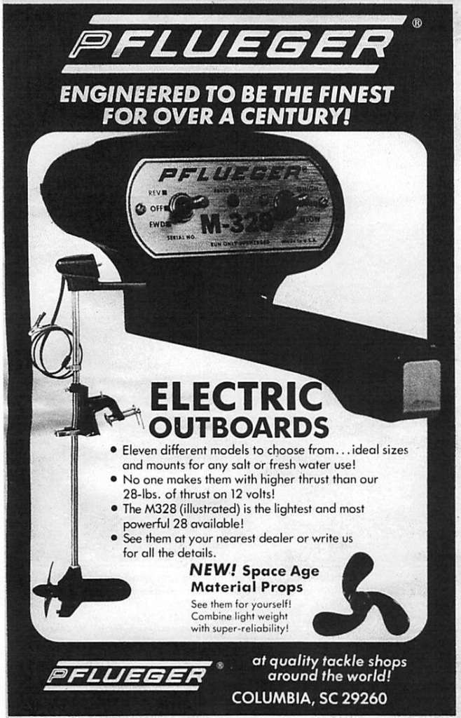 Pflu-TM2 The Pflueger M-328 trolling motor with 28-lbs of thrust and a new space-age prop! circa early 1980s.