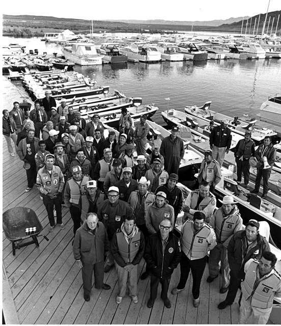 Bill Rice BM Classic 1971-1 The first anglers to fish a Bass Master Classic. Photo courtesy of Bill Rice, longtime editor of Western Outdoor News and one of the writers involved with the first Bass Master Classic. Bill Rice can be seen in the upper right alongside Ray Scott.