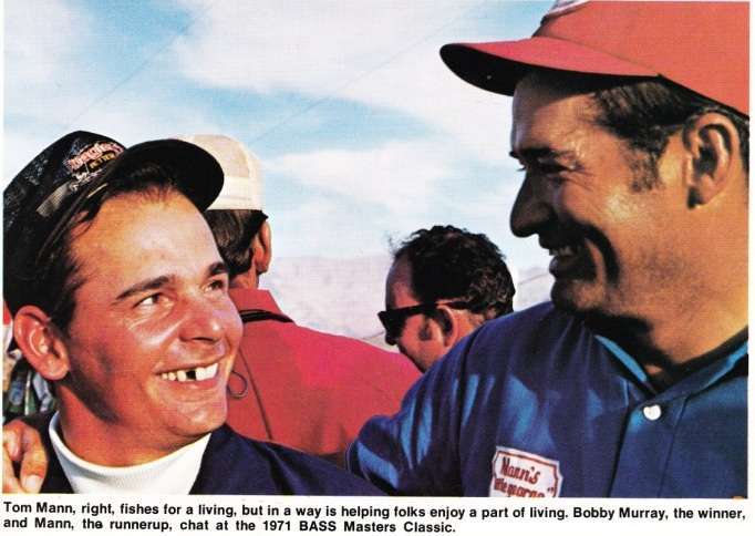 (3) Murray and Mann 1971 BM Classic Tom Mann congratulates Bobby Murray on his Bass Masters Classic win. Photo Bass Master Magazine Jan/Feb 1972.