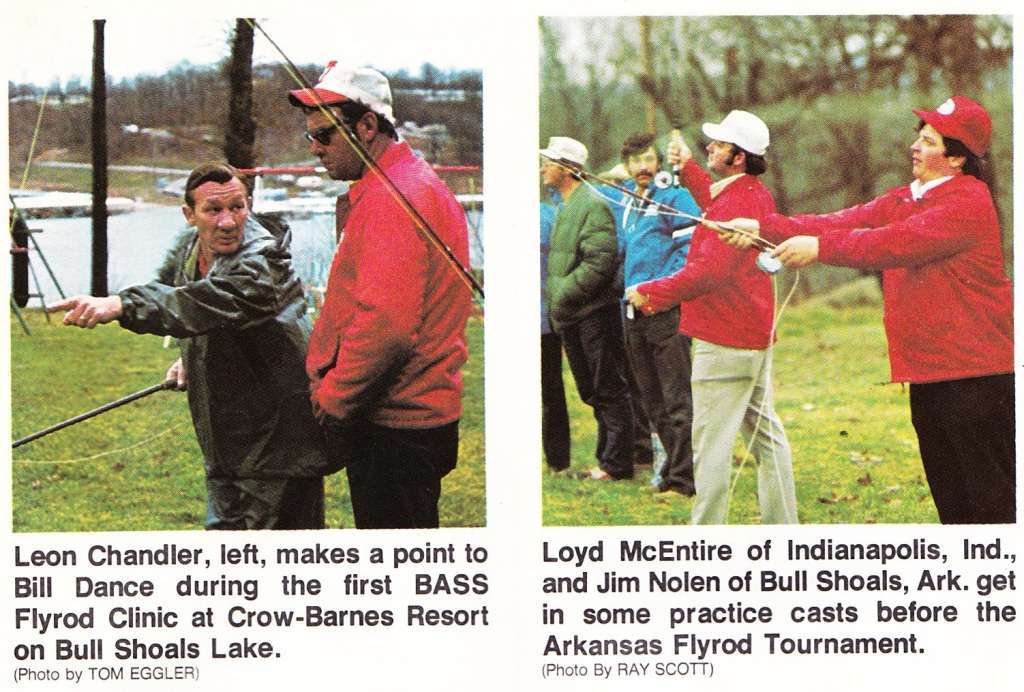 (6) Fly Fishing Jul Aug 1975 BM Bill Dance, Loyd McEntire and Jim Nolen get in some casting practice before the fly rod event at Bull Shoals. Jul/Aug 1975 issue f Bass Master Magazine.