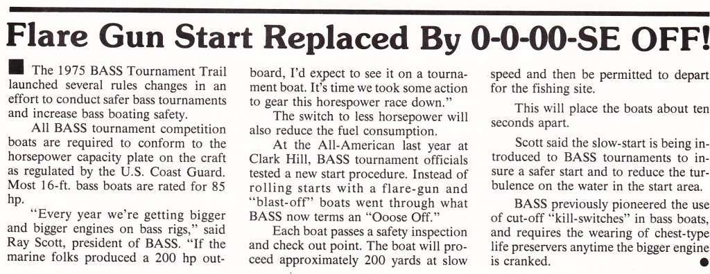 (1) New 1975 BASS rules Mar-Apr 1975 BM 1975 BASS Tournament Rules introducing the staggered Ooze-off instead of shotgun start. Mar/Apr 1975 issue of bass Master Magazine.