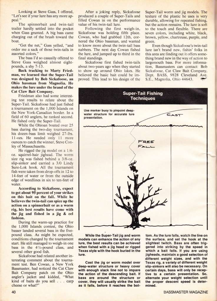 Cat Claw Page 3 February 1977 Bass Master Magazine article on the Cat Claw Bait's Super Tail Page 3.