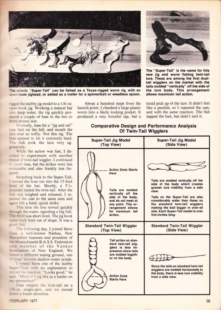 Cat Claw Page 2 February 1977 Bass Master Magazine article on the Cat Claw Bait's Super Tail Page 2.