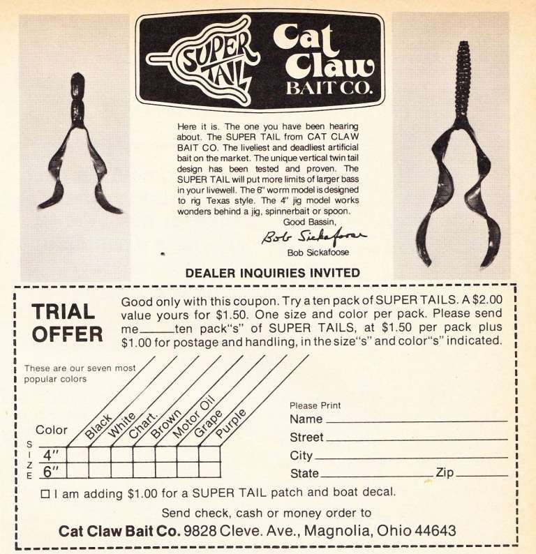 (1) Cat Claw Trailer Cat Claw Bait Company’s Super Tail ad from 1977.