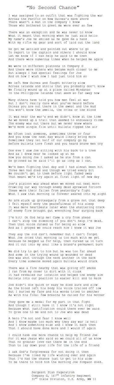 Joe Simpson Poem Stan Fagerstrom has written numerous poems over his life. Throughout this series Stan shares some of the poems that are most important to him. I hope you enjoy reading them as much as I have. Click on the image to see the complete view. Courtesy of Stan Fagerstrom.
