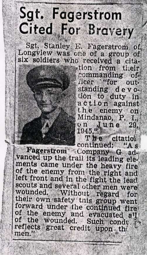 (4) War Story 503x874 px Stan Fagerstrom receives honors for combat in the Pacific theater. Longview Daily News 1945 courtesy of Stan Fagerstrom.