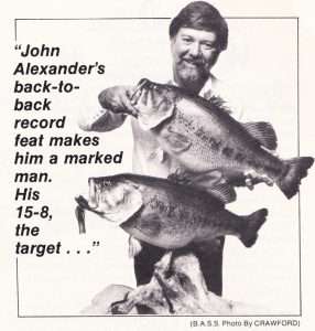 John Alexander and his two Texas record largemouth bass. Photo Bassmaster Magazine January 1982.