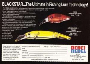 1988 Rebel Blackstar ad featuring their new crankbait and jerkbait.