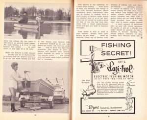 Electric Motors article from Don Fuelsch’s Southern Angler’s and Hunter’s Guide 1964. Lazi-Trol had a penchant for using scantily-clad women in their ads. Although the ad above didn’t have one, the picture on the opposite page did. Also notice the PolarCraft boat she’s removing the trolling motor from.