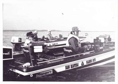 1975 Bassmaster Classic at Currituck Sound, NC. Tom Mann (r) and Marvin Baker (l) wait to go. Photo by Bob McNally.