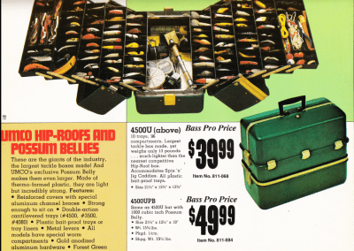 1978 UMCO 4500UPB Possum Belly Tackle Box featured in the 1978 Bass Pro Shops Master Catalog.