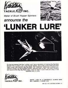 The Harkins Lunker Lure was brought into the spotlight in 1976 after Rick Clunn nearly won the Bassmaster Cordell Hull event. Here's an ad from 1977 taken from National Bassman magazine.