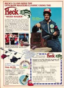 Fleck ad featuring 1976 Bass Masters Classic winner Rick Clunn.