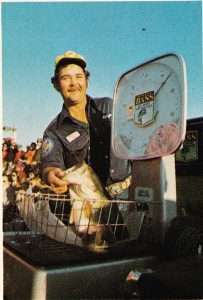 Ricky Green caught the big fish for the 1976 Bass Masters Classic, an 8-09 largemouth. Photo February 1977 issue of Bassmaster Magazine.