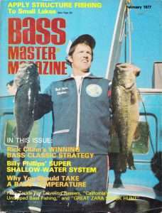 Rick Clunn wins his first Bass Masters Classic on Lake Guntersville. Photo February 1977 issue Bassmaster Magazine.