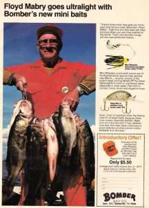 1977 Bomber ad featuring the Mini-Whacker and Deep Mini A. Bassmaster Magazine.