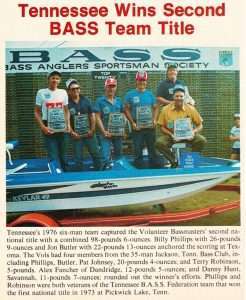 The Tennessee State Team makes it two Federation Championship Wins on Texoma in 1976. Photo February 1977 issue of Bassmaster Magazine.