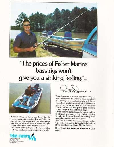 Fisher Marine Boat ad featuring Bill Dance 1975.
