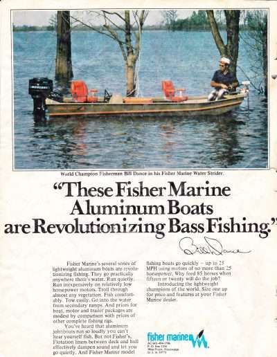 Fisher Marine Boat ad featuring Bill Dance 1975.