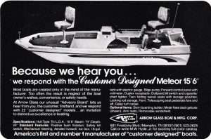 Arrow Glass Meteor 15' 6" boat ad from 1975.