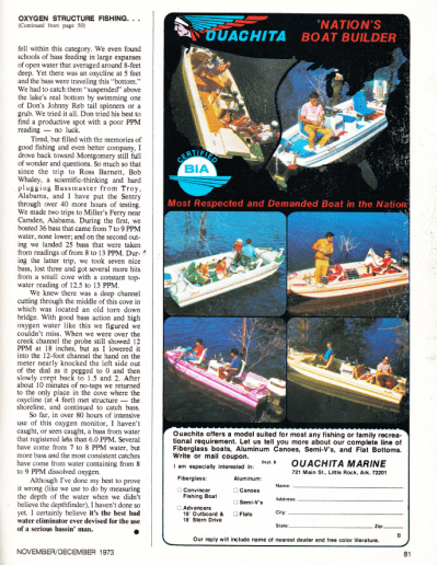 Oxygen Meter article published in the Nov/Dec 1973 issue of Bassmaster Magazine. Page 8.