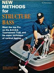 Roland Martin displaying his method of installing a transducer on his trolling motor. Martin was one of the first anglers to use a depth finder on the bow. Photo Bassmaster Magazine 1973.