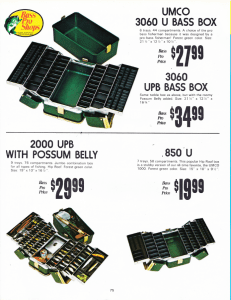 1976 UMCO 3060UPB and 2000UPB Possum Belly Tackle Boxes featured in the 1976 bass Pro Shops Master Catalog.