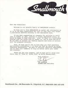 Welcome Letter from Tom Rodgers to new subscribers of Smallmouth. Courtesy of Mark Blahut.